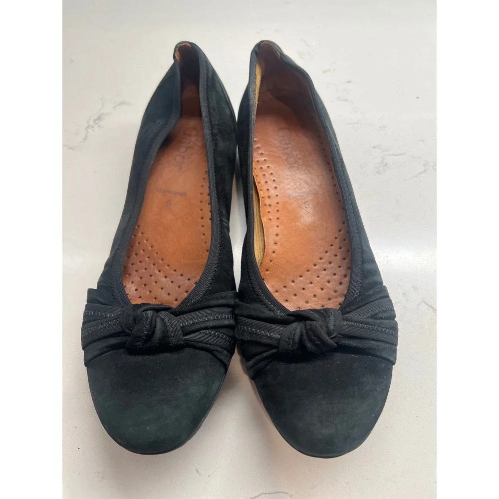 Gabor Hovercraft Black Suede Knotted Bow Ballet Flats Comfort Shoes Womens 7.5